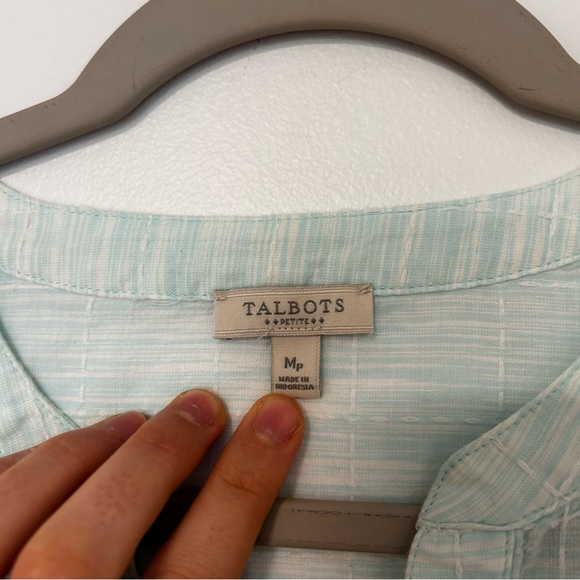 Talbots Aqua Blue White Squared Blouse Top Size MP - Picture 3 of 6